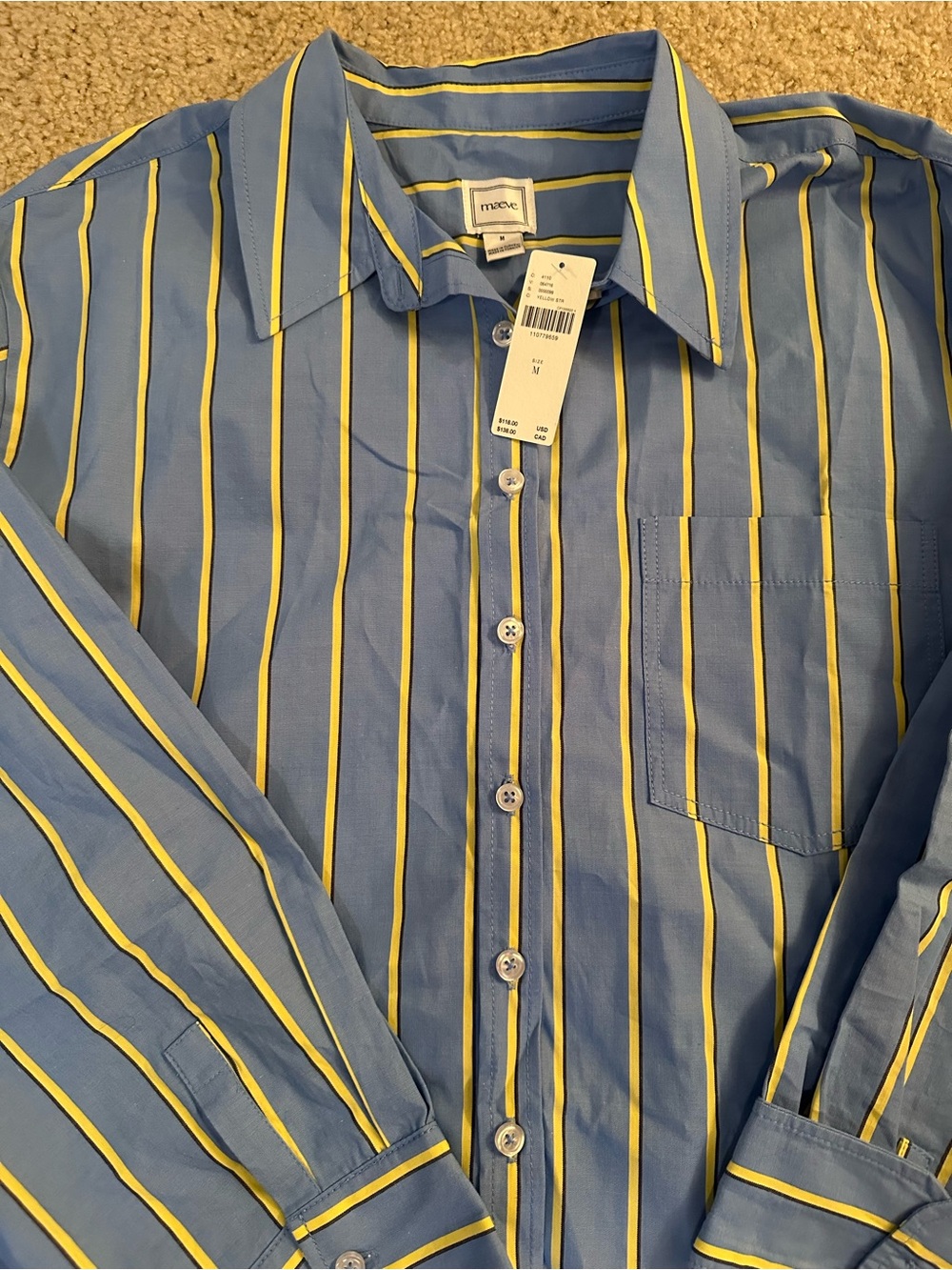 New Anthropologie Blue and Yellow Stripe Button-Up Shirt Medium